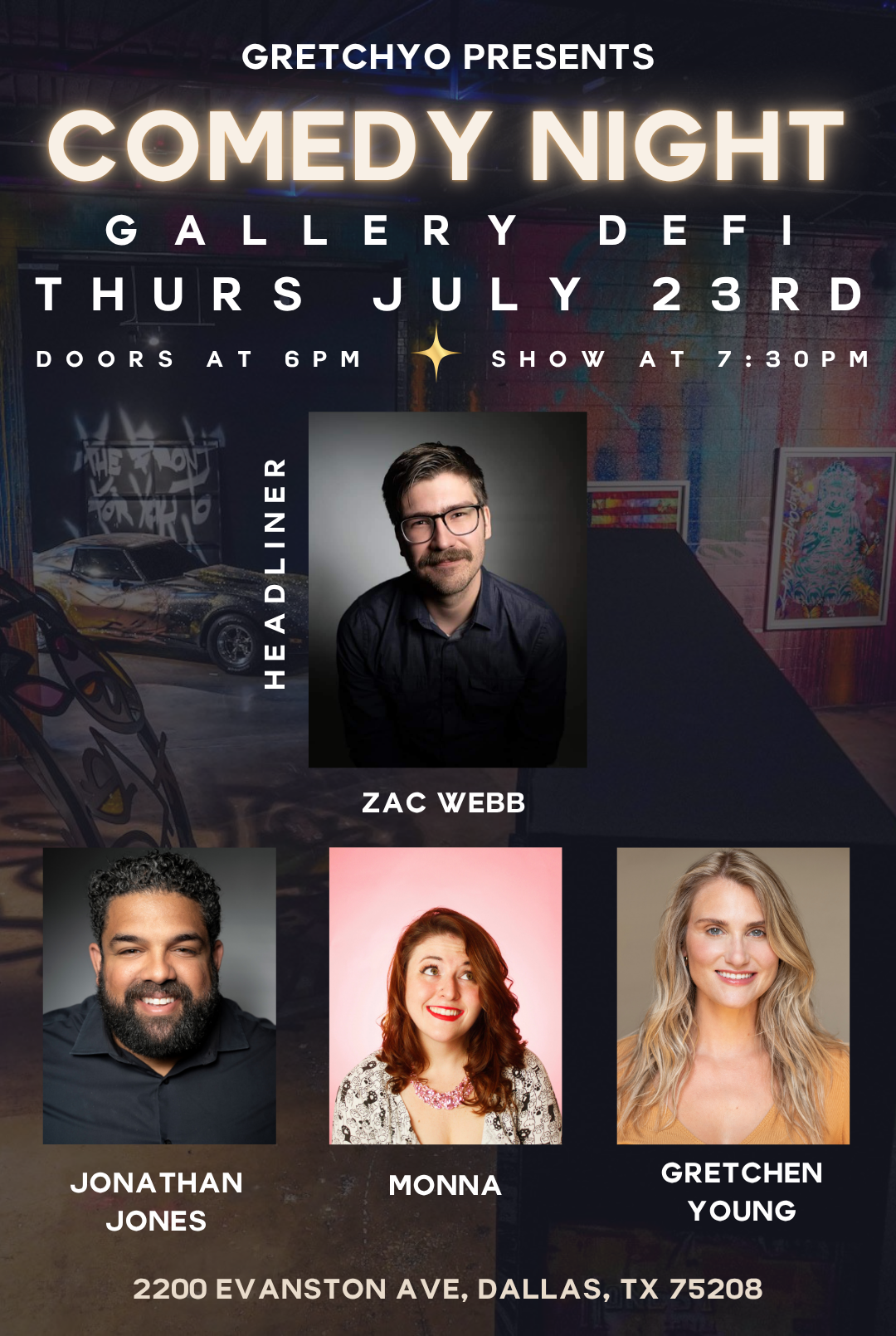 The Art of Comedy event at Gallery DeFi immersive art venue in Dallas