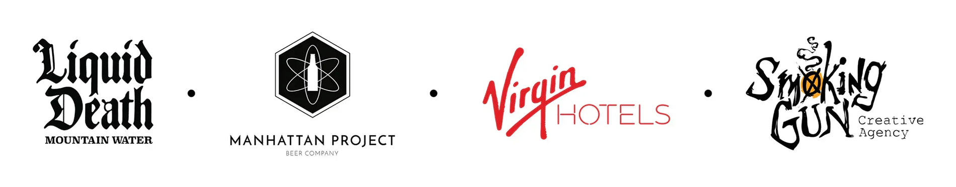 FOur brand logos of Liquid death, The manhattan project, Virgin Hotels, and Smoking Gun creative agency in various fonts and colors for partnership deal..