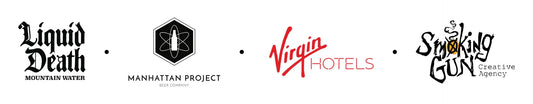 FOur brand logos of Liquid death, The manhattan project, Virgin Hotels, and Smoking Gun creative agency in various fonts and colors for partnership deal..