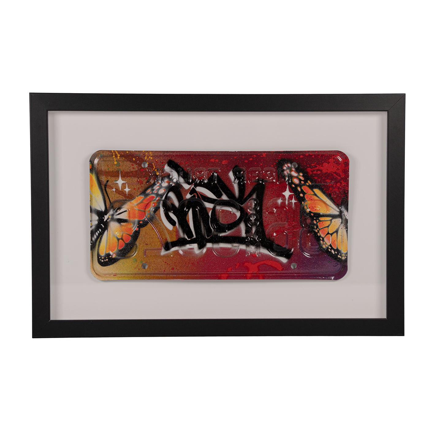 Framed hand-painted license plate artwork by Risk Rock