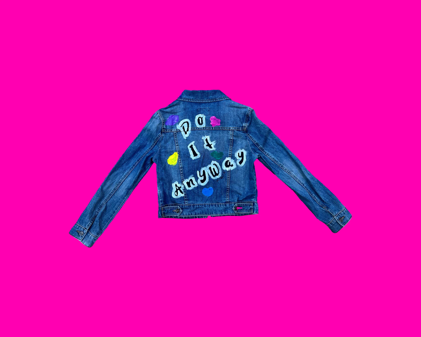 Do It Anyway blue denim one-of-one wearable art jacket at Gallery DeFi
