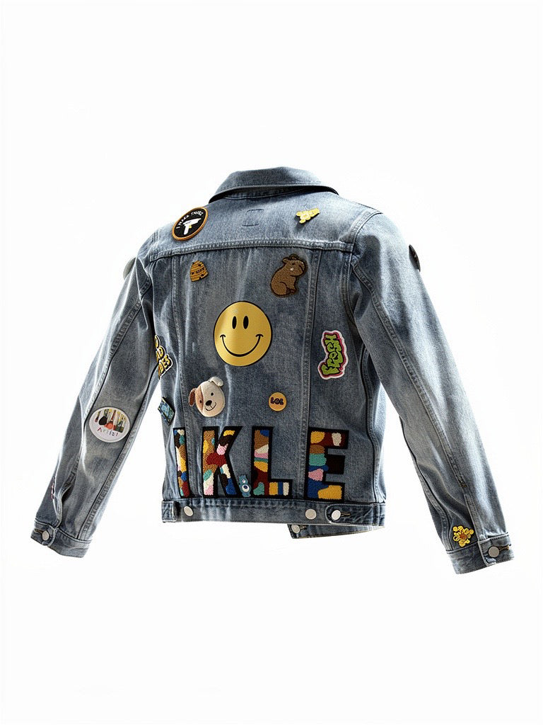 Happy Little Things blue denim one-of-one wearable art jacket back