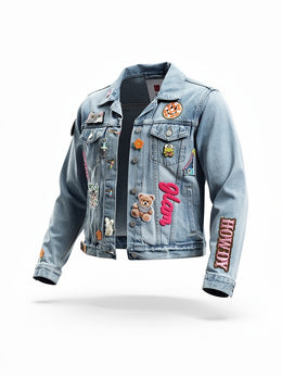 Happy Little Things blue denim one-of-one wearable art jacket front