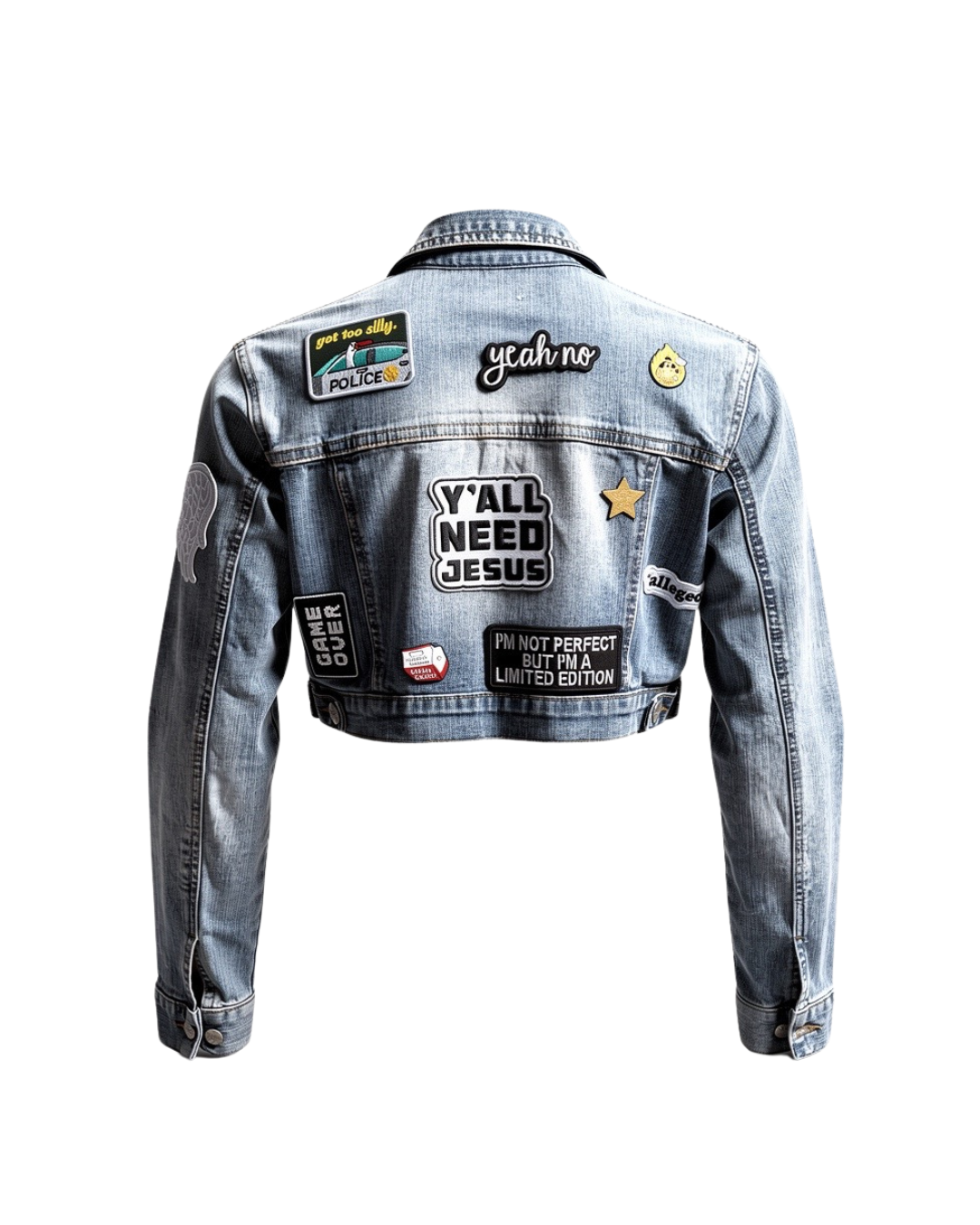 Hello I’m Trying blue denim cropped one-of-one jacket front