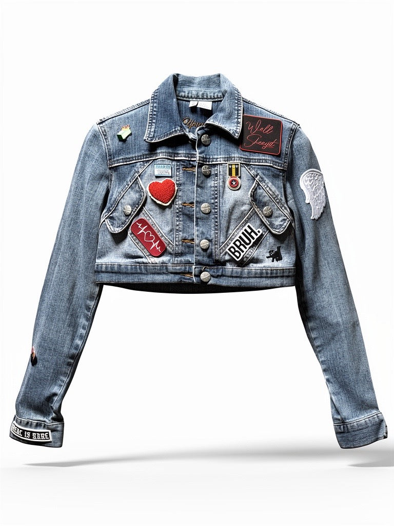 Hello I’m Trying blue denim cropped one-of-one jacket back