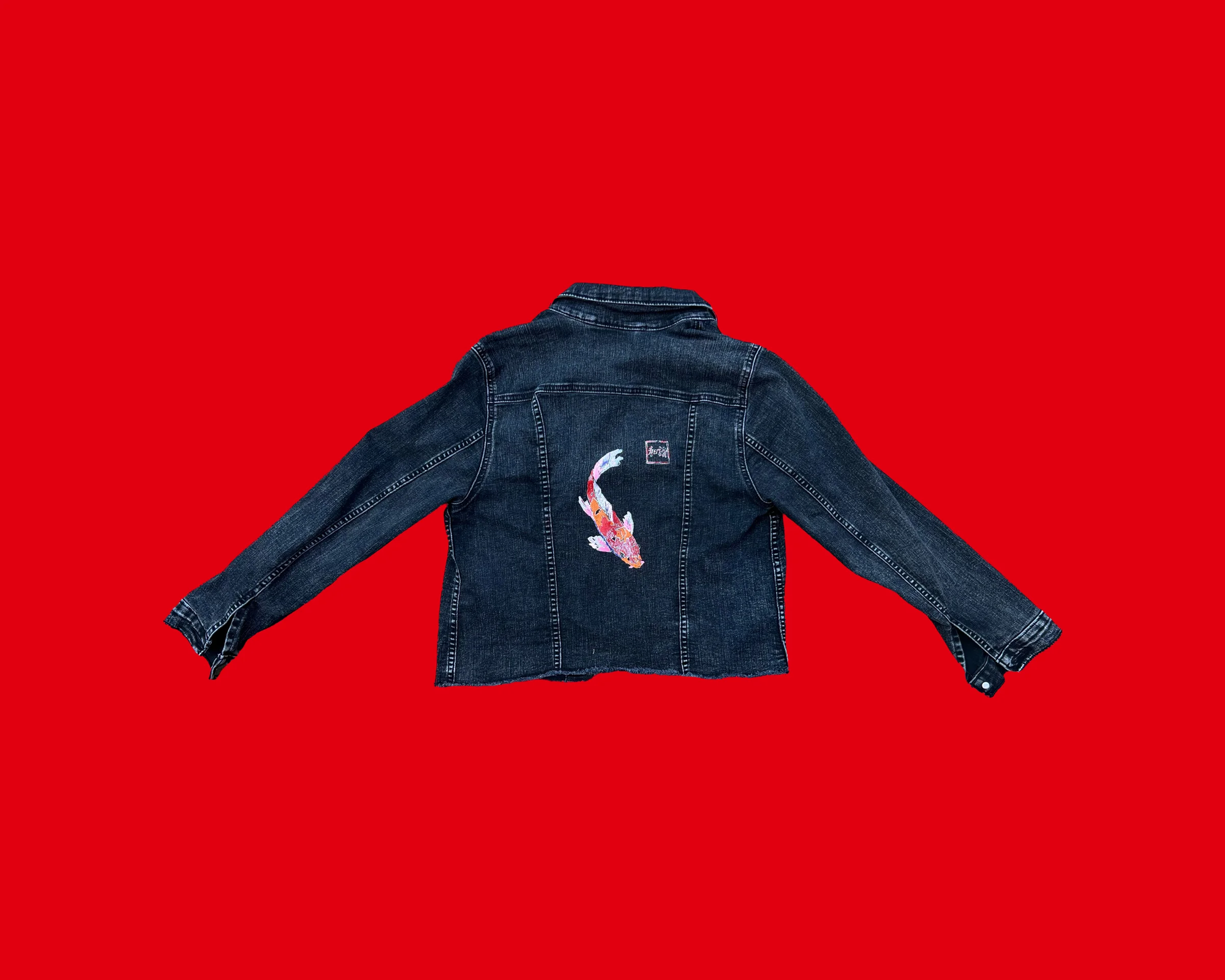 Koi black denim one-of-one jacket by Kathryn Ikle at Gallery DeFi