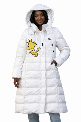 Snoopy and Woodstock white one-of-one puffer jacket front