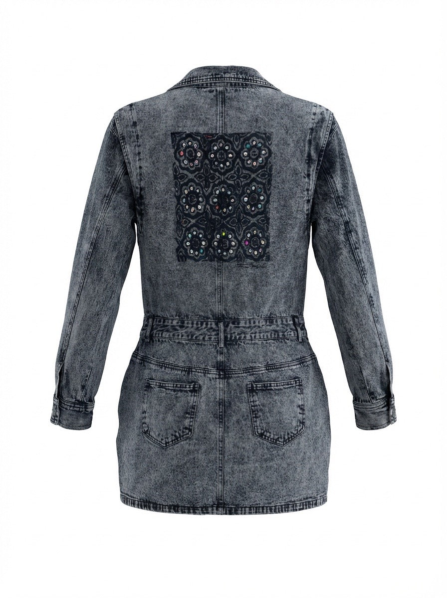 Vintage black denim one-of-one wearable art dress back