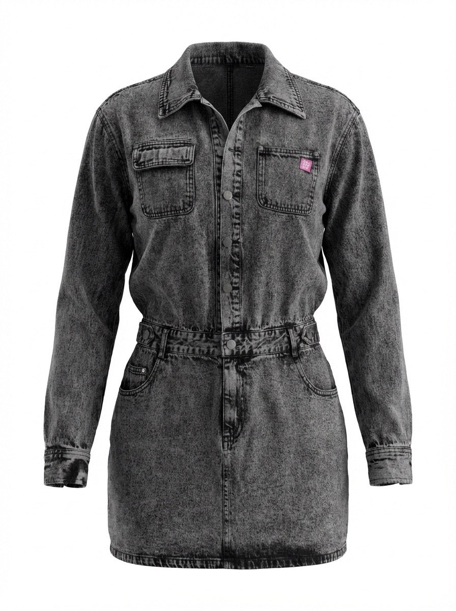 Vintage black denim one-of-one wearable art dress front
