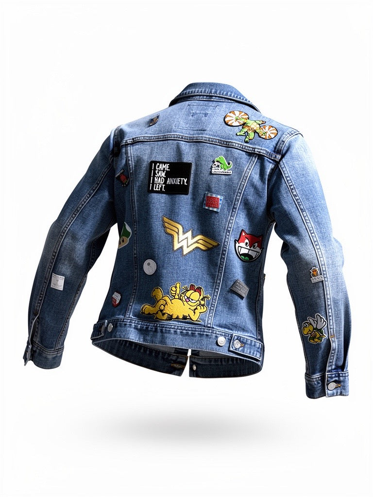Wholesome Menace blue denim one-of-one hand-painted jacket back