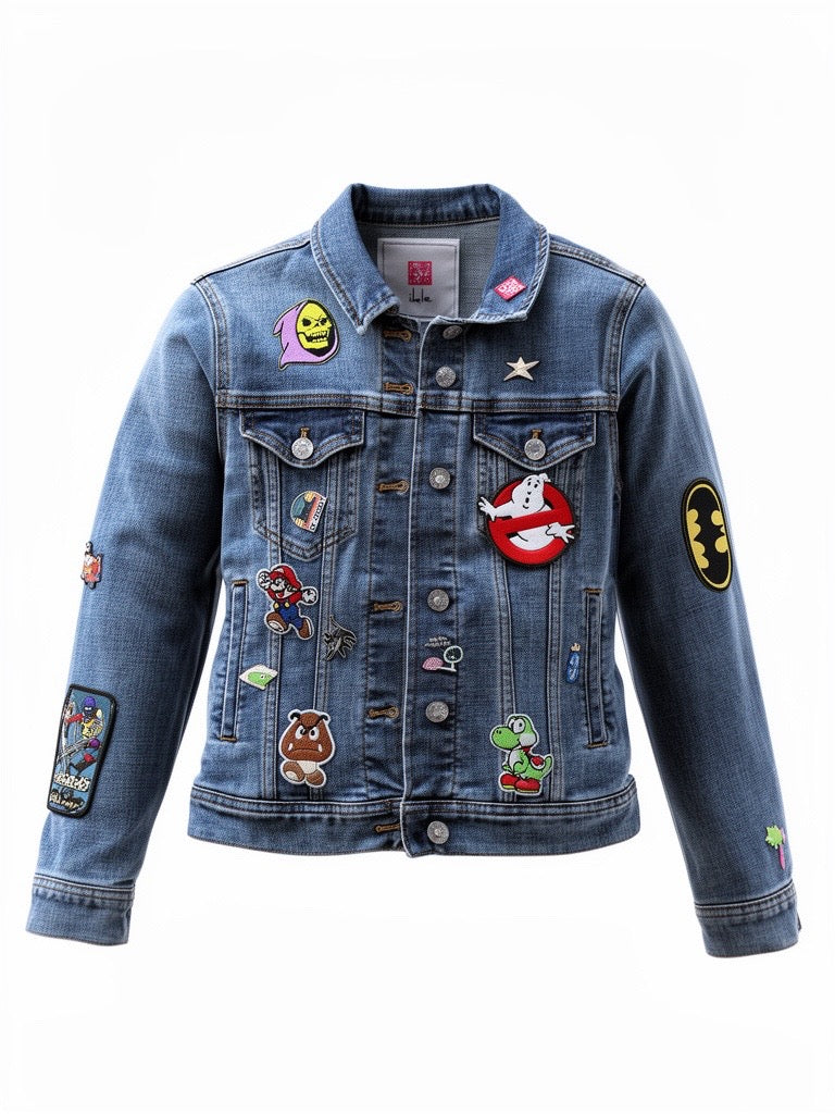 Wholesome Menace blue denim one-of-one hand-painted jacket front