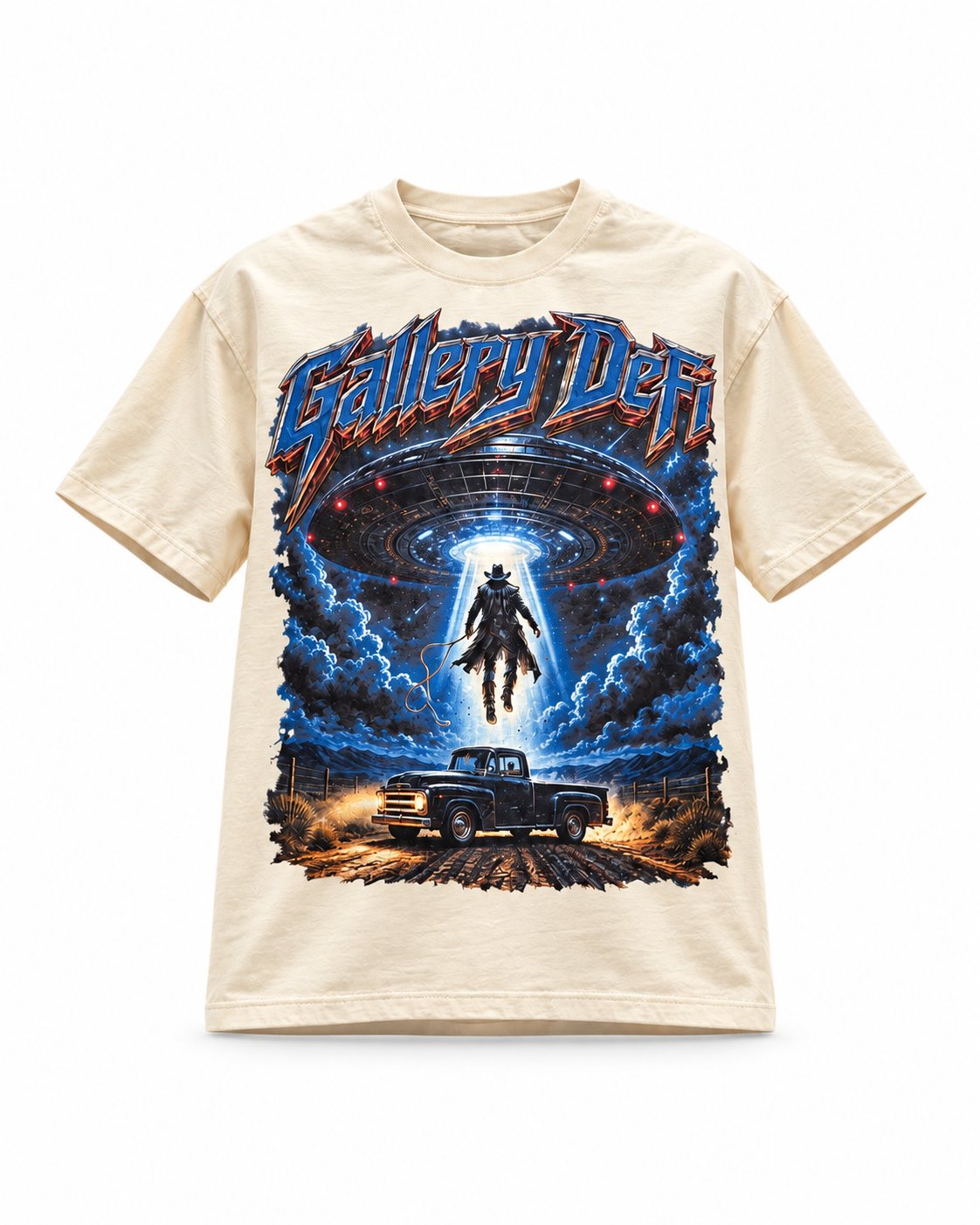 Gallery DeFi Destination Unknown cream graphic T-shirt on a plain white background