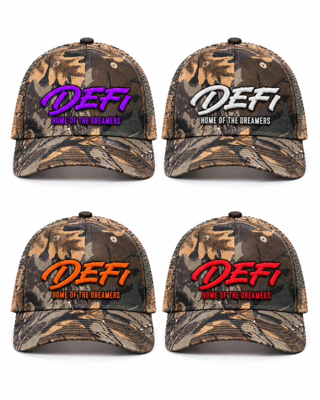 Four Gallery DeFi Home of the Dreamers camo hats with purple, white, orange and red logos on a plain white background