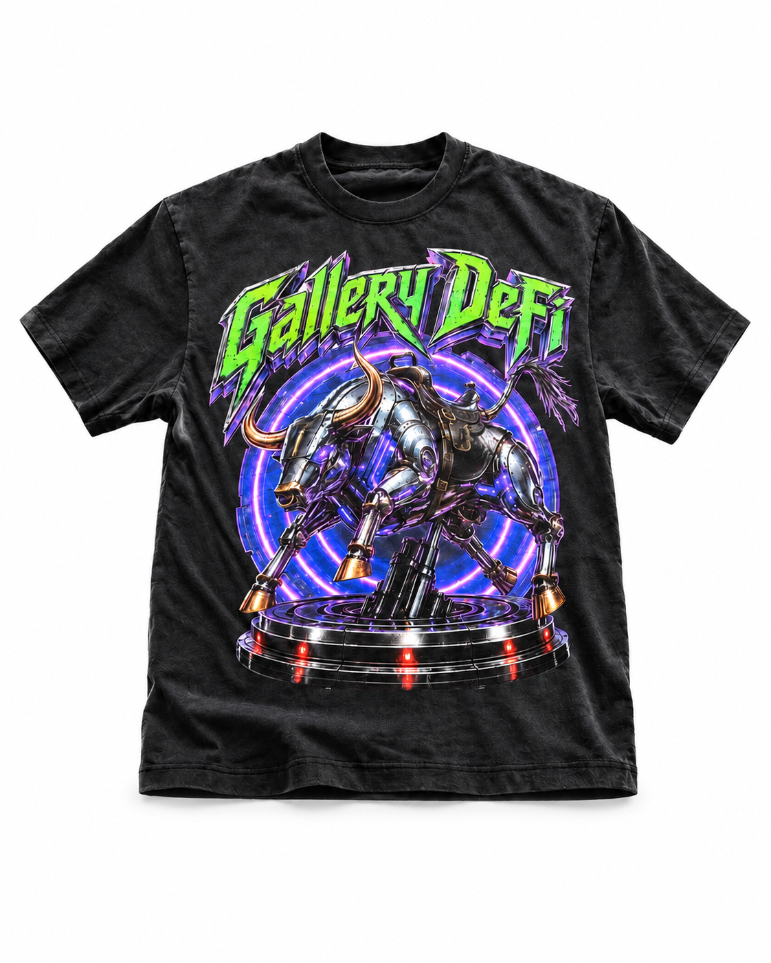 Gallery DeFi Neon Stampede black graphic T-shirt on a plain white background